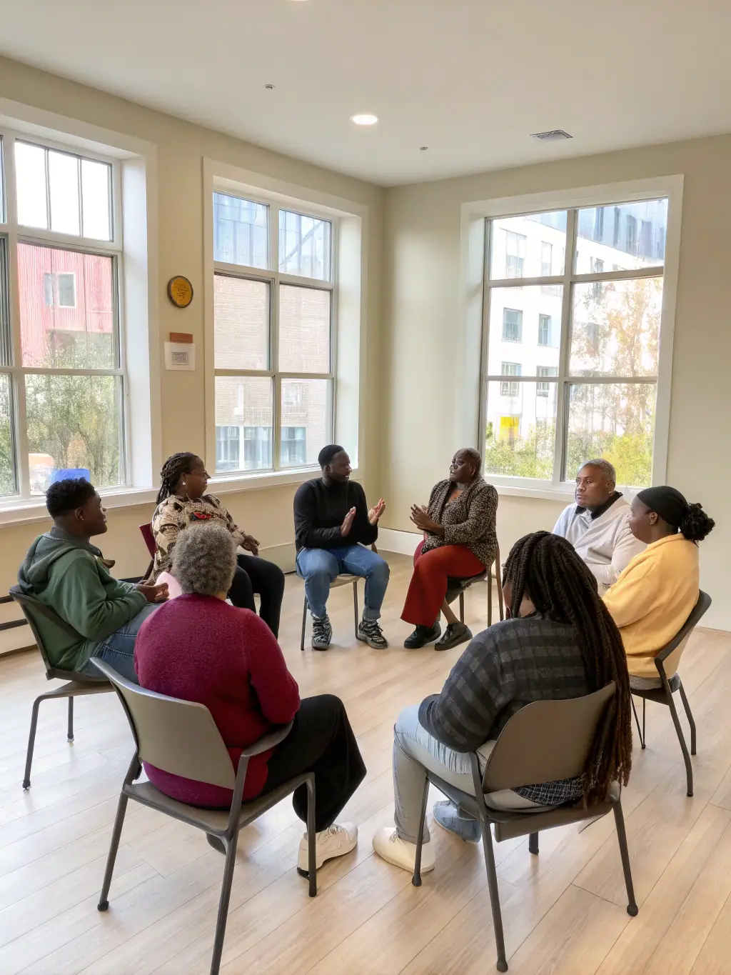 A diverse group of people sitting in a circle, sharing their experiences and offering support to one another in a peer support group setting.