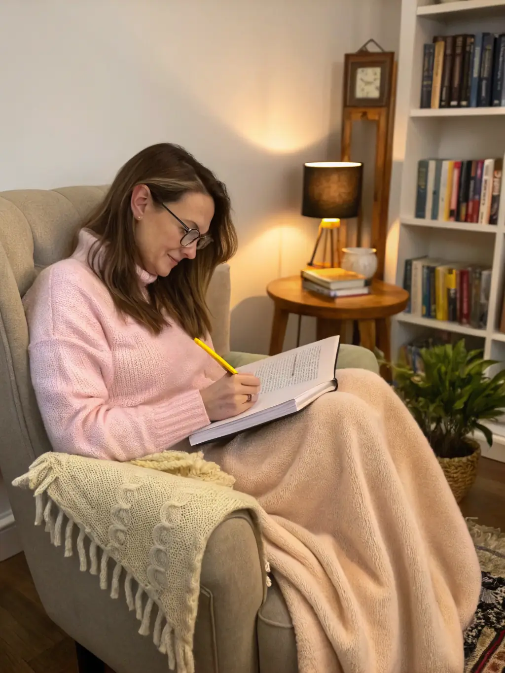 A person sitting in a comfortable chair, reading a book about mindfulness, soft lighting, promoting mental wellness.