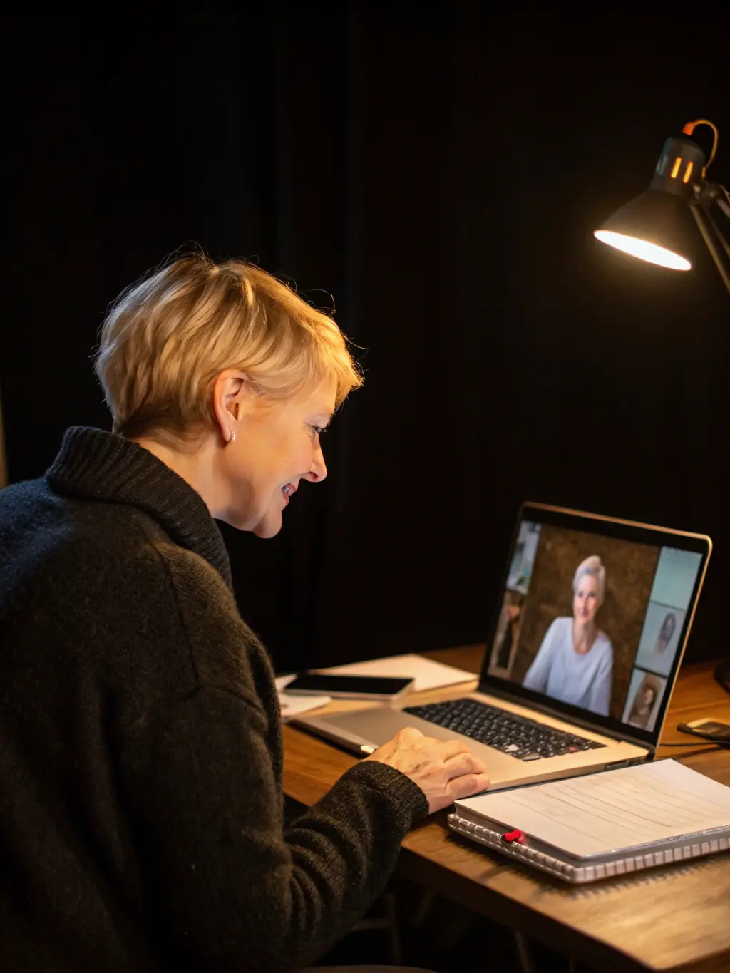 A therapist providing online counseling via video call, offering personalized support and guidance, professional and empathetic setting.