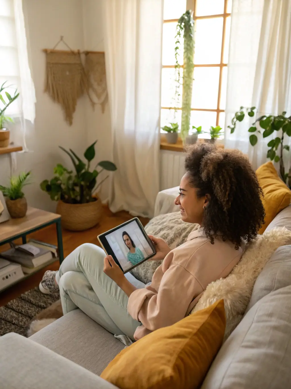 A person sitting comfortably in their living room, participating in an online counseling session on their laptop, with a warm and supportive therapist visible on the screen.