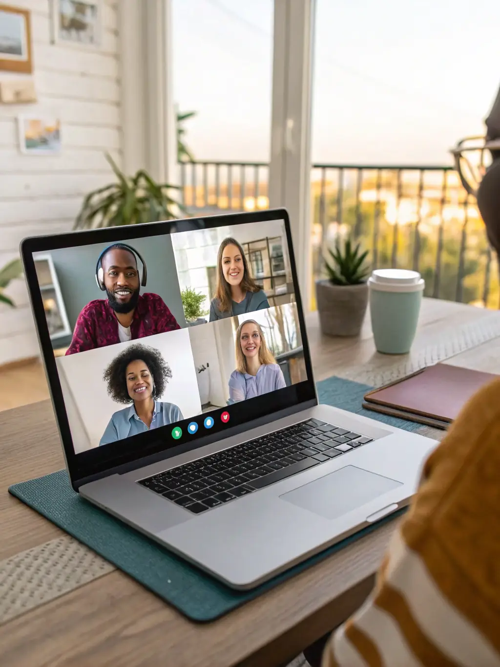 A group of diverse individuals in a virtual meeting, engaging in supportive conversation with warm expressions.