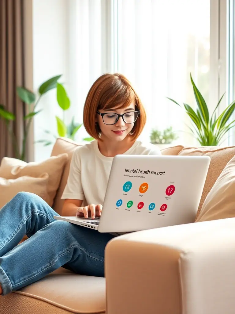 A person taking a mental health assessment on a tablet, reflecting on their emotional well-being, user-friendly interface.